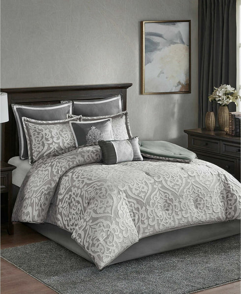 Madison Park Odette California King 8 Piece Jacquard Comforter Set Silver $490